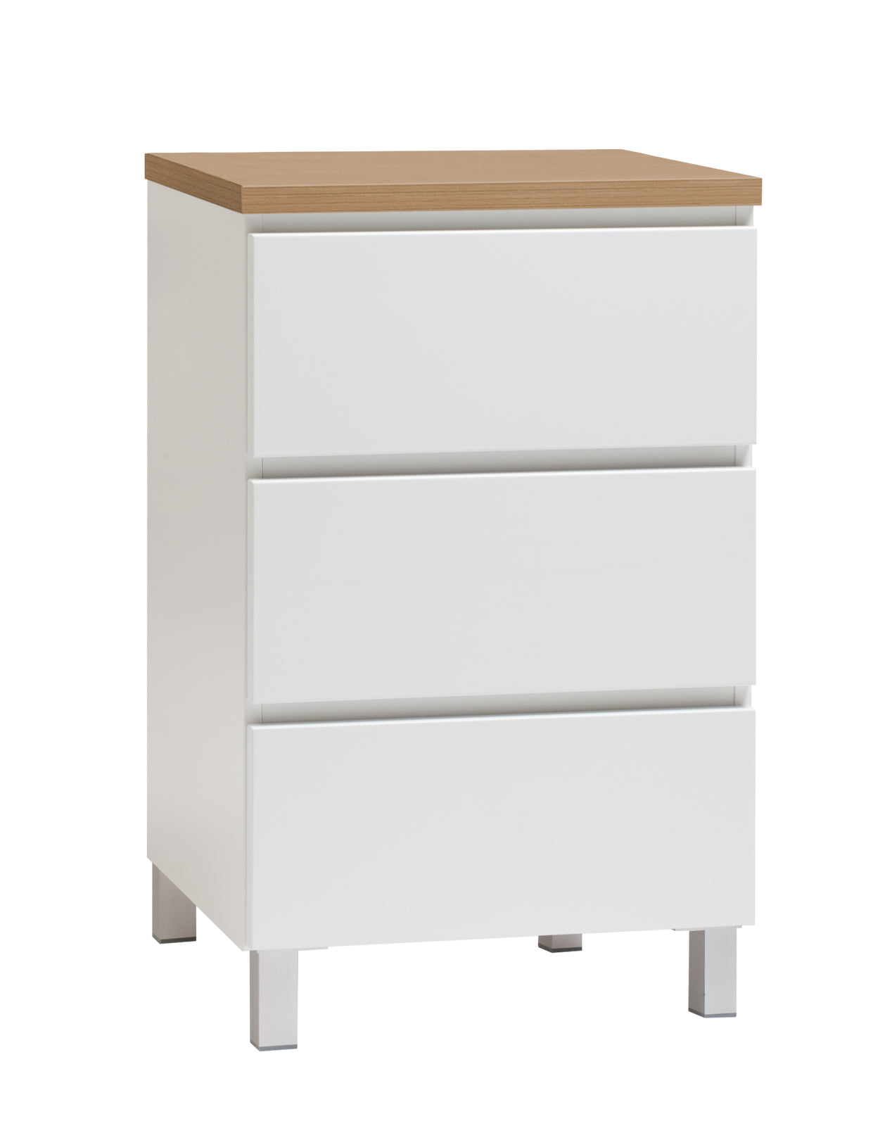 Kuvassa on 46 cm leveä valkoinen Viiva-lipasto tammen värisellä kannella ja hopeanvärisillä alumiinijaloilla.