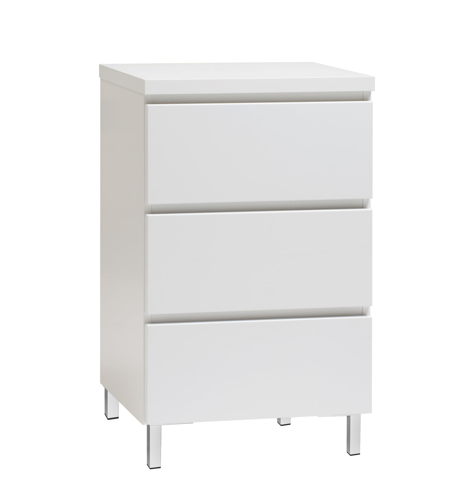 Kuvassa on 46 cm leveä kokovalkoinen Viiva-lipasto valkoisilla metallijaloilla.