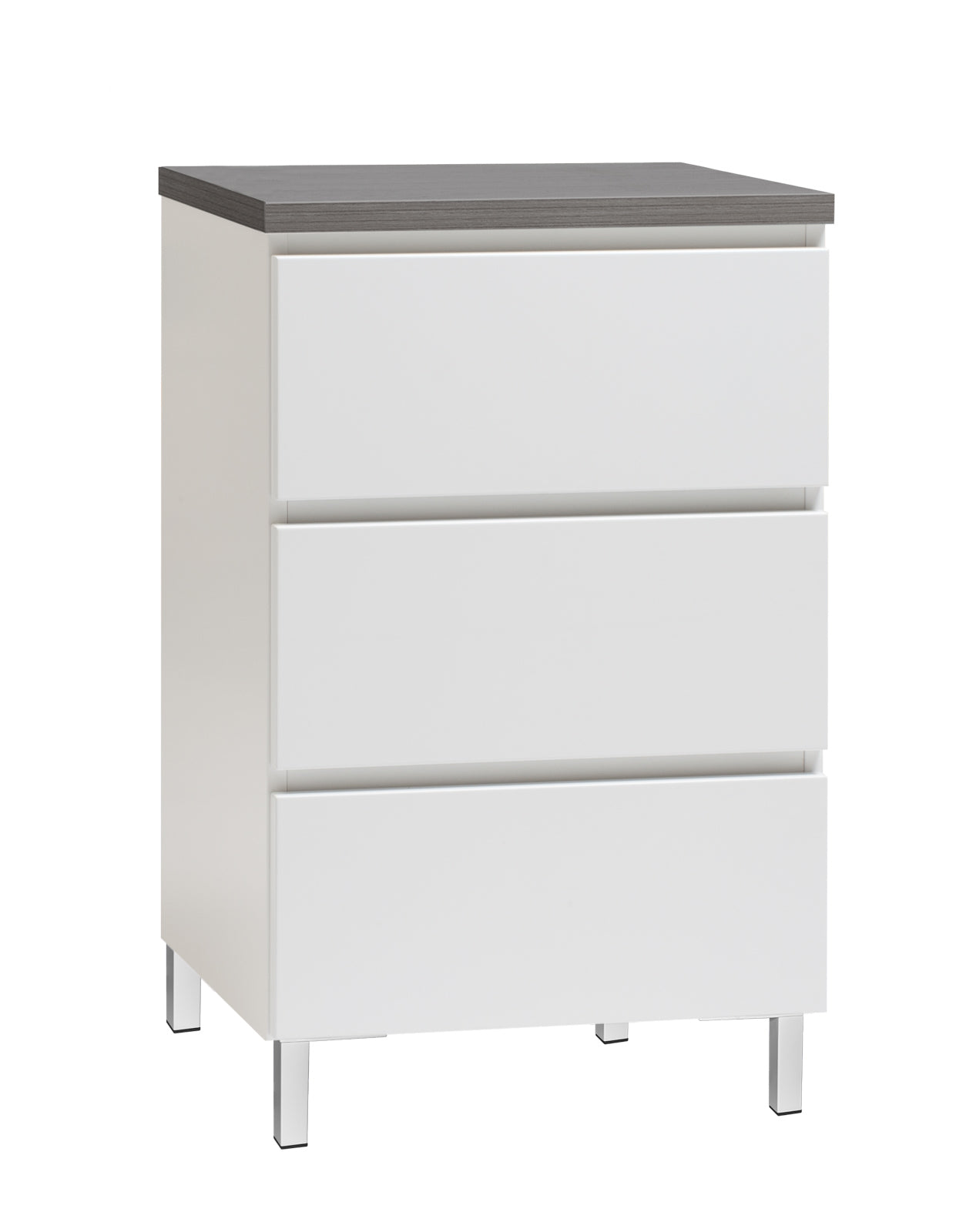 Kuvassa on 46 cm leveä valkoinen Viiva-lipasto antrasiitinvärisellä kannella ja valkoisilla metallijaloilla.