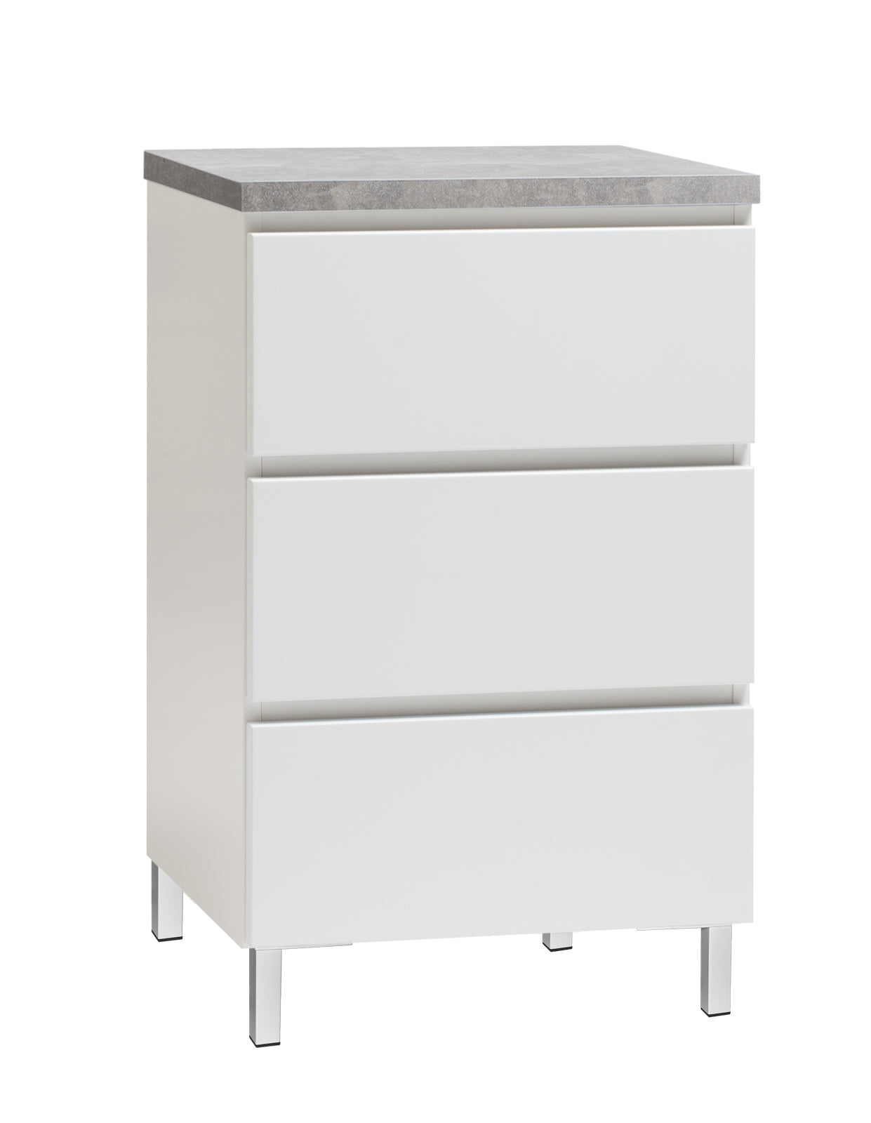 Kuvassa on 46 cm leveä valkoinen Viiva-lipasto harmaalla betonijäljitelmän sävyisellä kannella ja valkoisilla metallijaloilla.