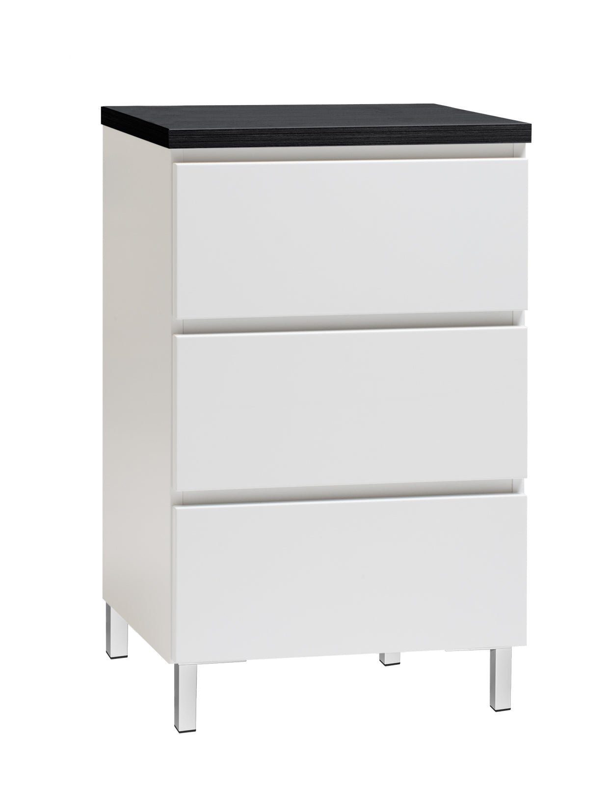 Kuvassa on 46 cm leveä valkoinen Viiva-lipasto mustalla kannella ja valkoisilla metallijaloilla.