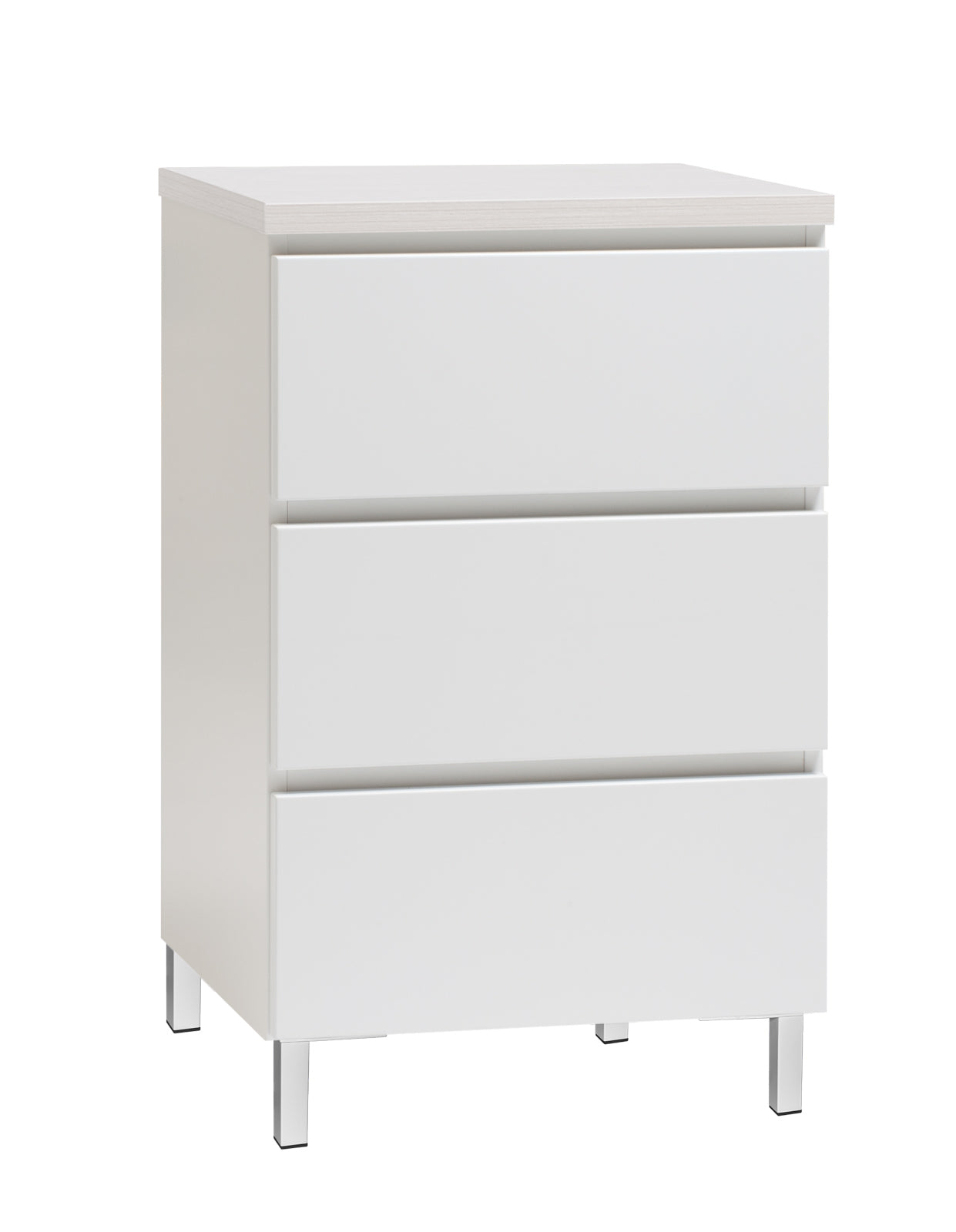 Kuvassa on 46 cm leveä valkoinen Viiva-lipasto valkosaarninvärisellä kannella ja valkoisilla metallijaloilla.