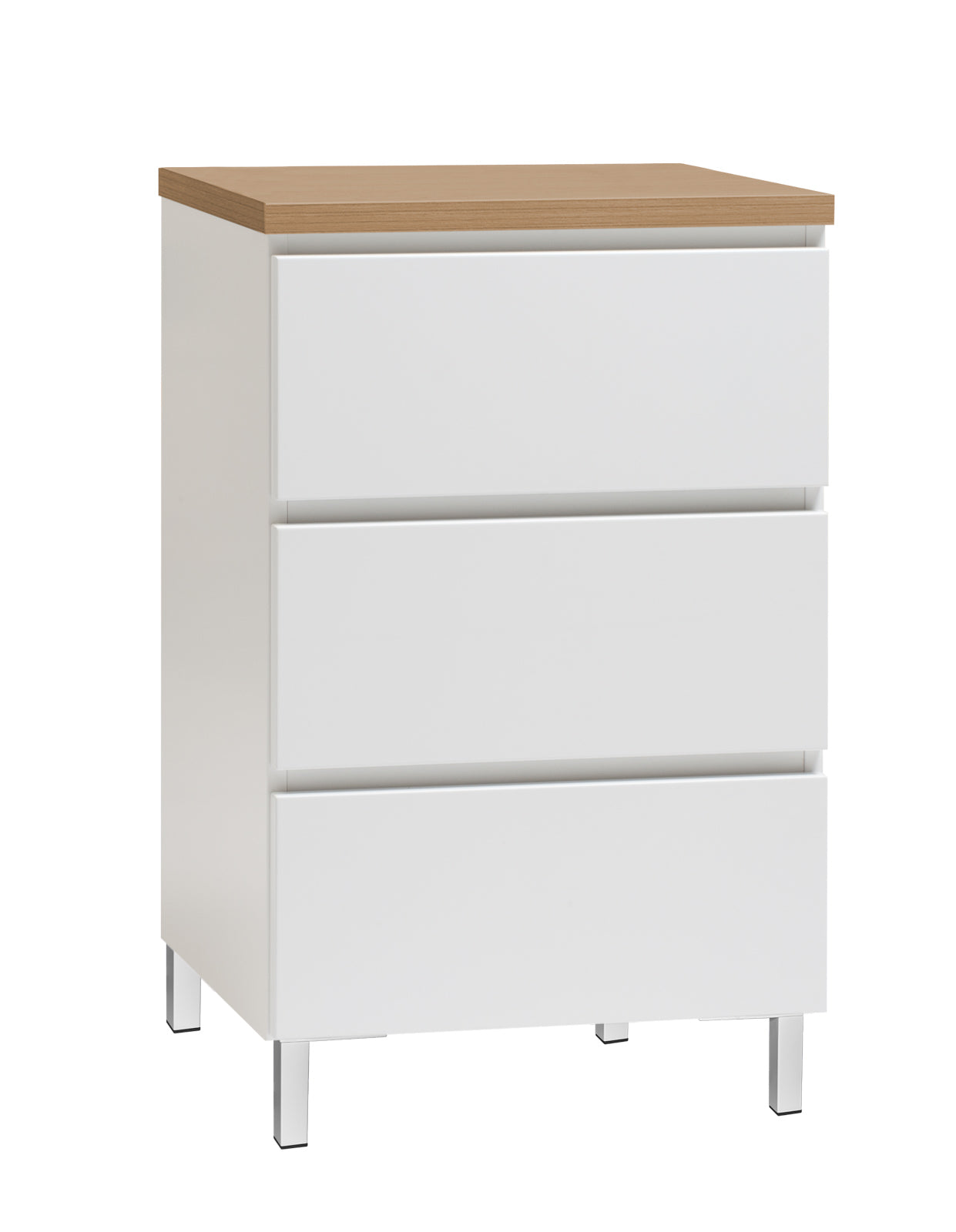 Kuvassa on 46 cm leveä valkoinen Viiva-lipasto tammen värisellä kannella ja valkoisilla metallijaloilla.