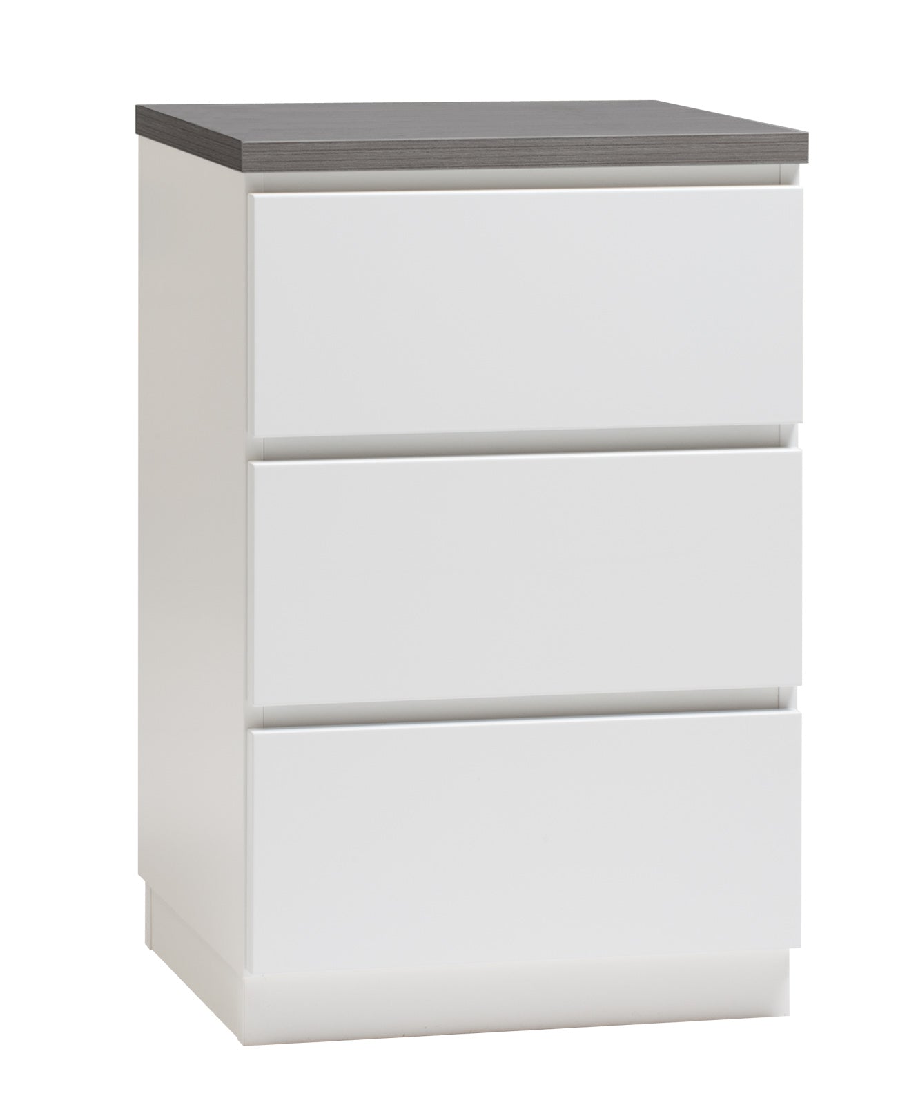 Kuvassa on 46 cm leveä valkoinen Viiva-lipasto antrasiitinvärisellä kannella ja valkoisella jalkasokkelilla.