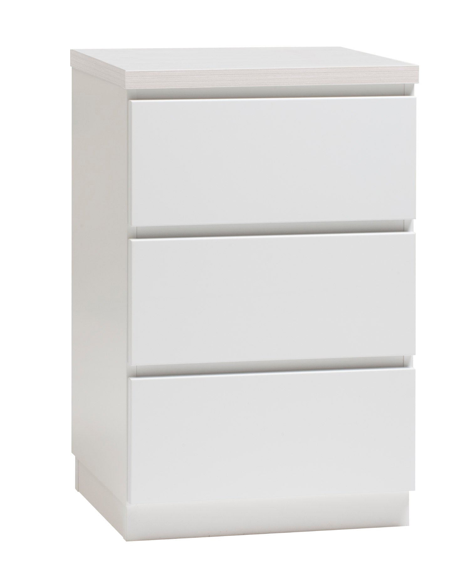 Kuvassa on 46 cm leveä valkoinen Viiva-lipasto valkosaarninvärisellä kannella ja valkoisella jalkasokkelilla.