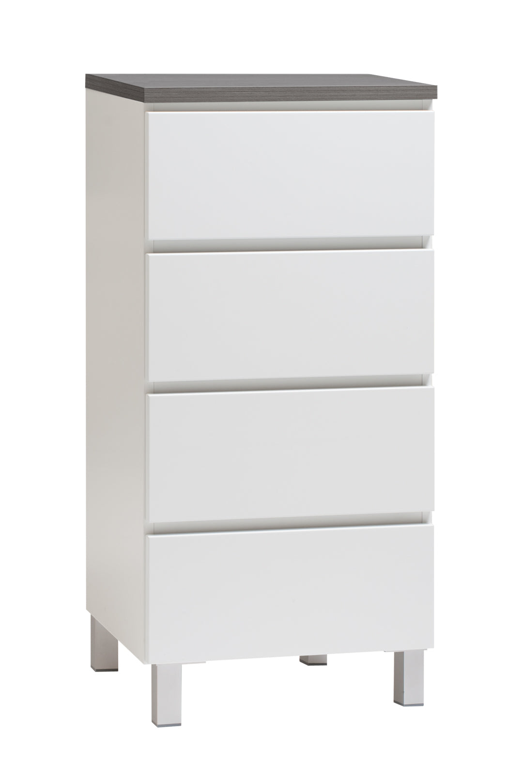 Kuvassa on 46 cm leveä valkoinen Viiva-lipasto antrasiitinvärisellä kannella ja hopeanvärisillä alumiinijaloilla.