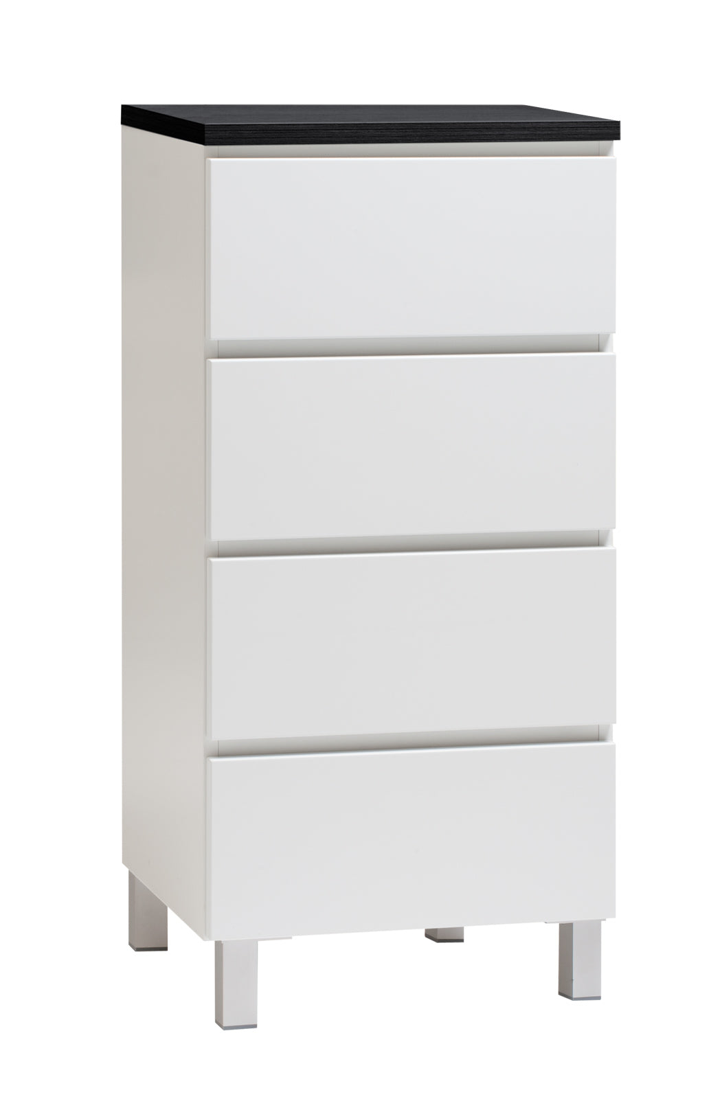 Kuvassa on 46 cm leveä valkoinen Viiva-laatikosto mustalla kannella ja hopeanvärisillä alumiinijaloilla.