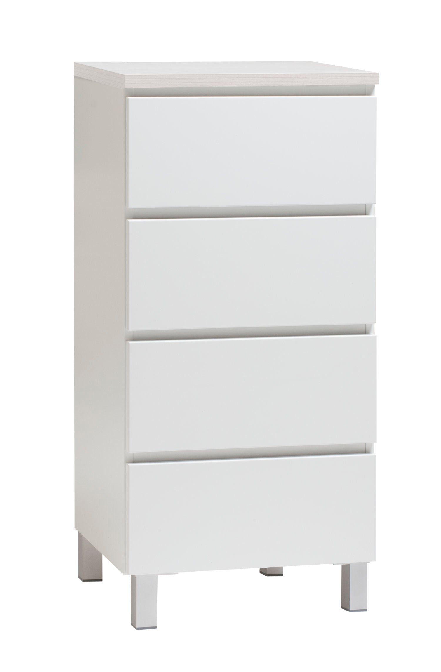 Kuvassa on 46 cm leveä valkoinen Viiva-laatikosto valkosaarninvärisellä kannella ja hopeanvärisillä alumiinijaloilla.