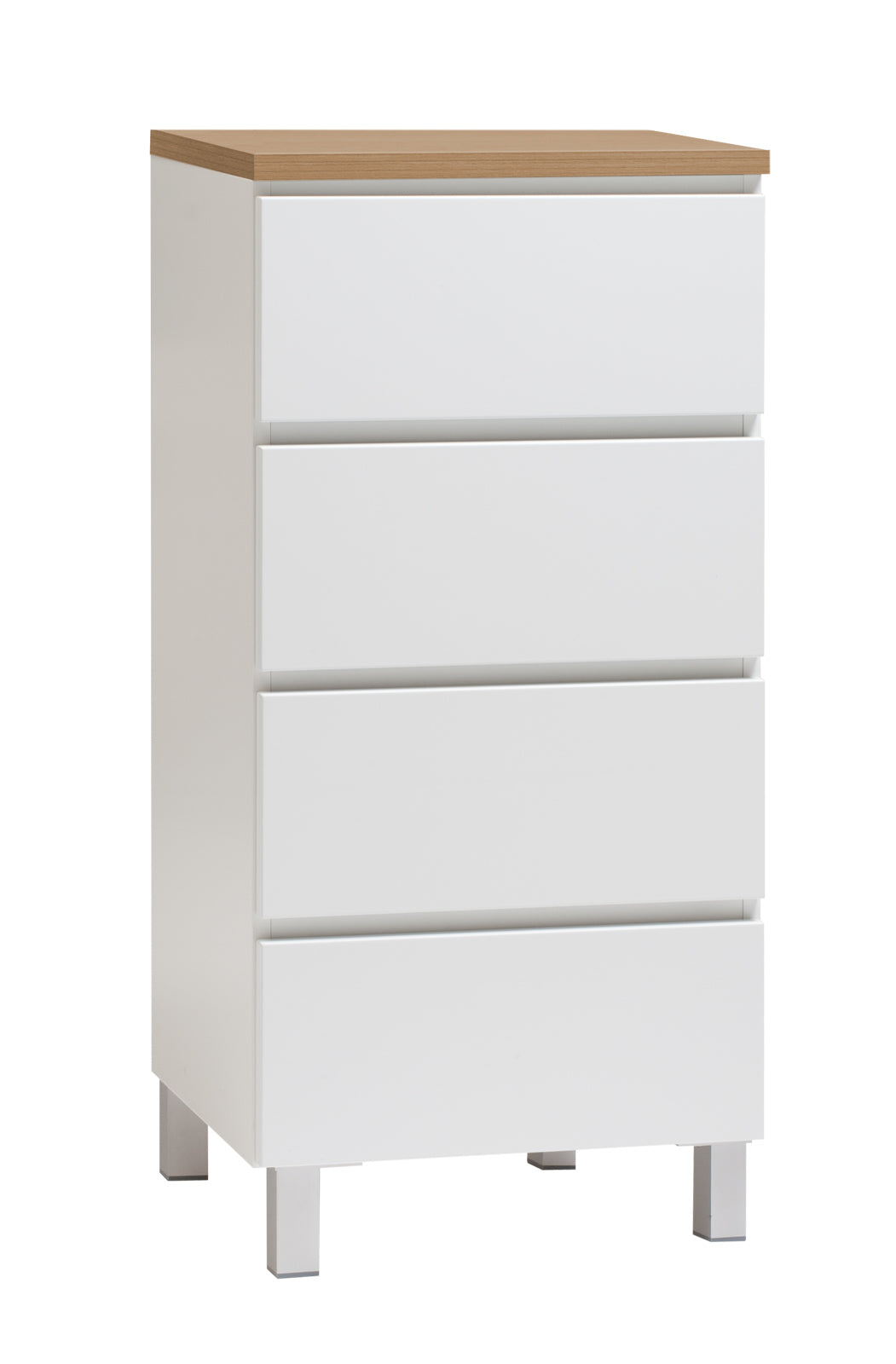 Kuvassa on 46 cm leveä valkoinen Viiva-lipasto tammen värisellä kannella ja hopeanvärisillä alumiinijaloilla.