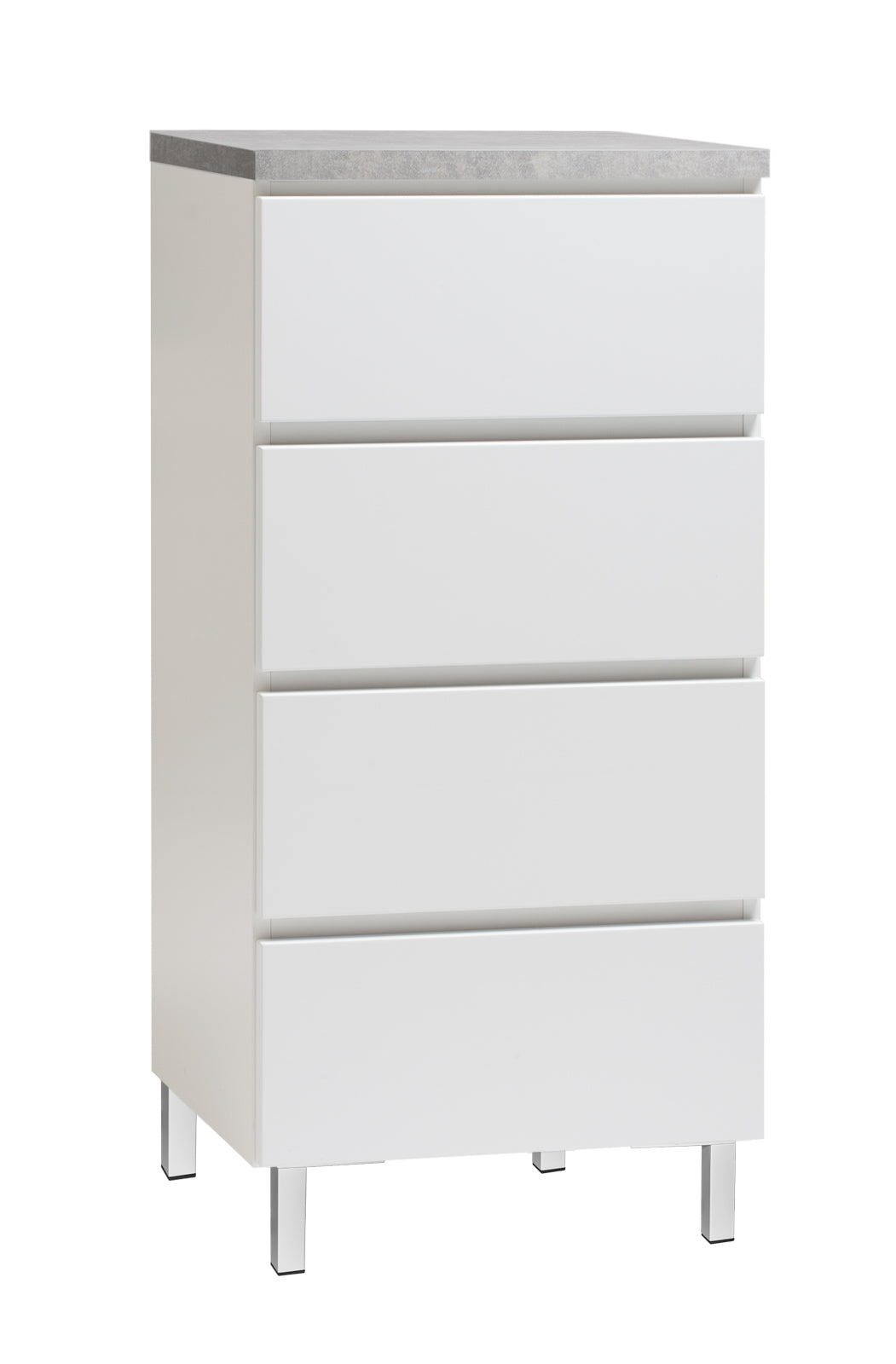 Kuvassa on 46 cm leveä valkoinen Viiva-lipasto harmaalla betonijäljitelmän sävyisellä kannella ja valkoisilla metallijaloilla.