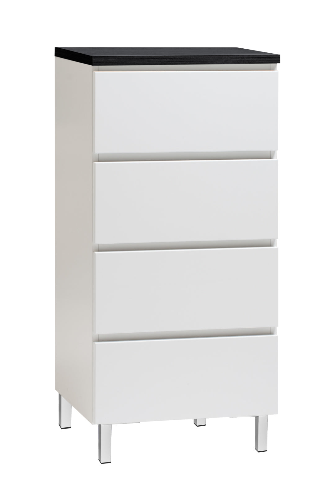 Kuvassa on 46 cm leveä valkoinen Viiva-lipasto mustalla kannella ja valkoisilla metallijaloilla.