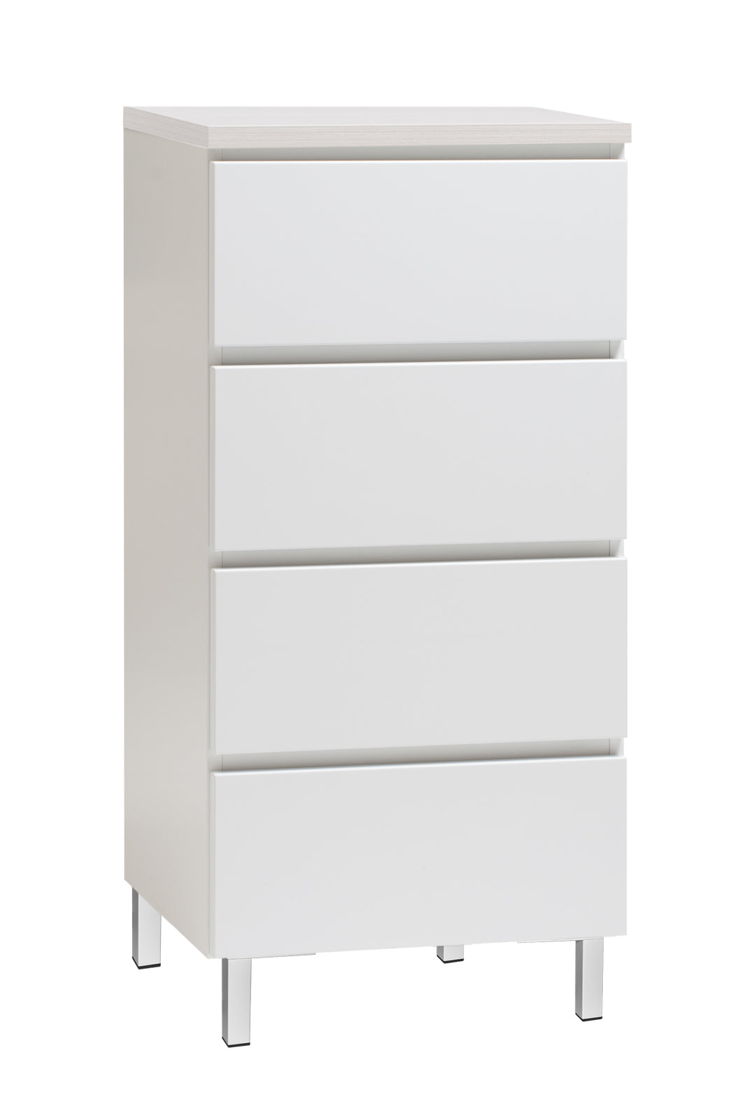 Kuvassa on 46 cm leveä valkoinen Viiva-laatikosto valkosaarninvärisellä kannella ja valkoisilla metallijaloilla.