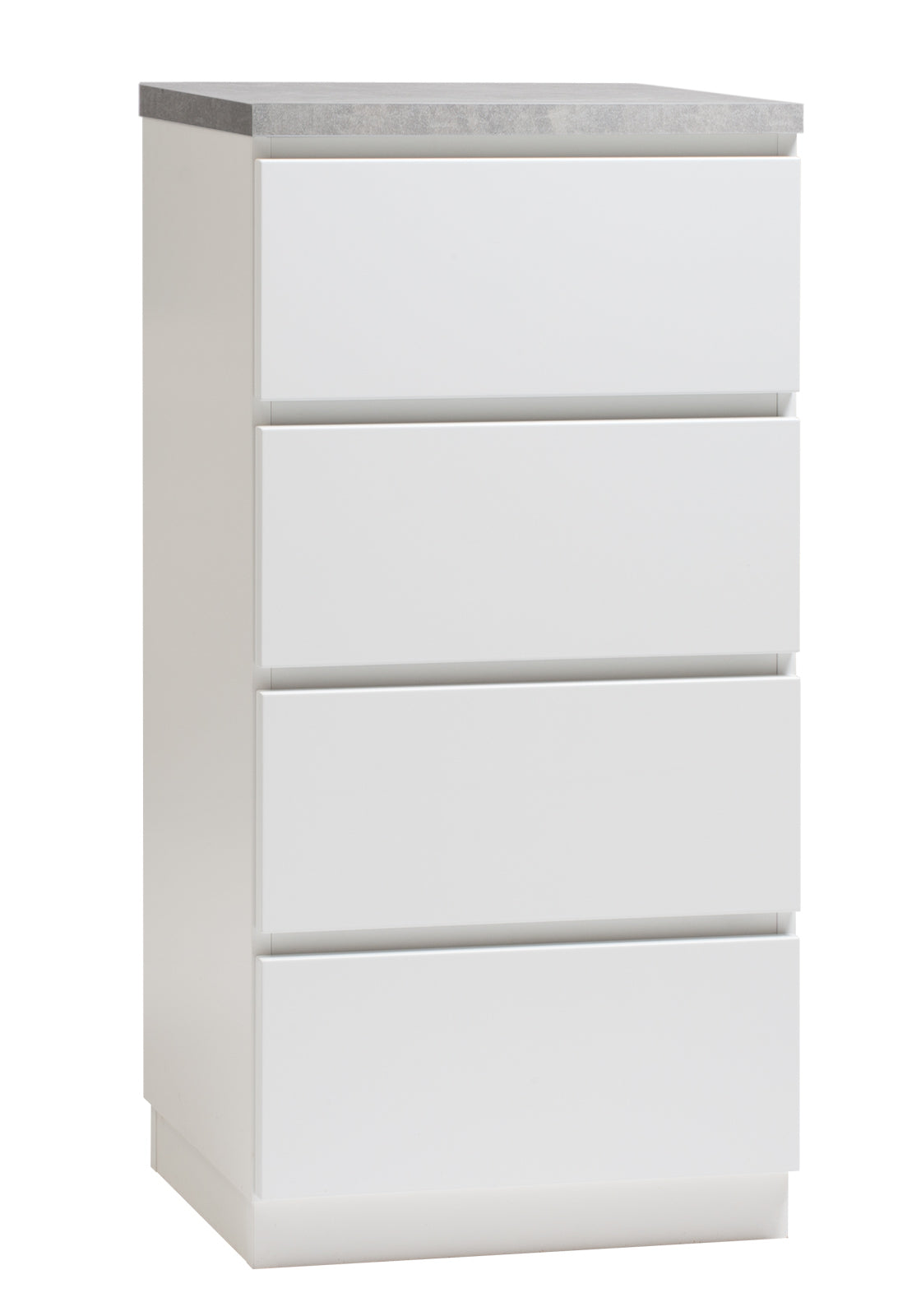 Kuvassa on 46 cm leveä valkoinen Viiva-lipasto harmaalla betonijäljitelmän sävyisellä kannella ja valkoisella jalkasokkelilla.