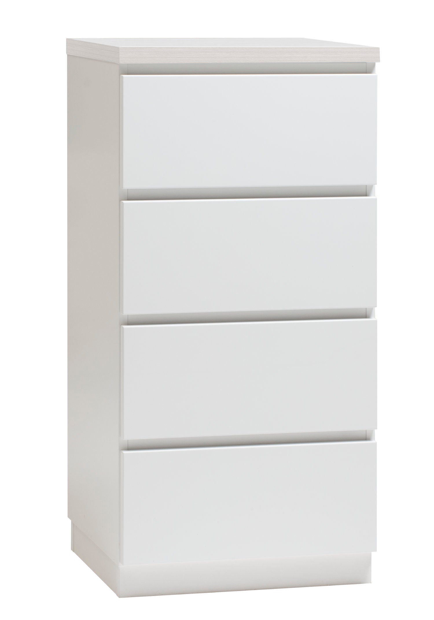 Kuvassa on 46 cm leveä valkoinen Viiva-lipasto valkosaarninvärisellä kannella ja valkoisella jalkasokkelilla.