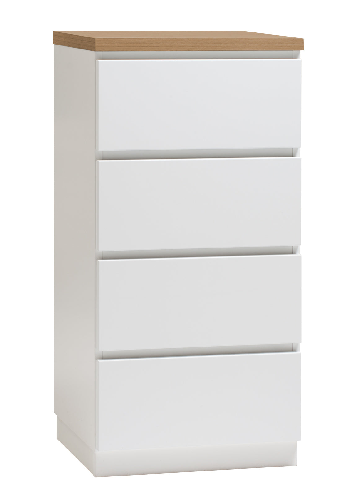 Kuvassa on 46 cm leveä valkoinen Viiva-laatikosto tammen värisellä kannella ja valkoisella jalkasokkelilla.