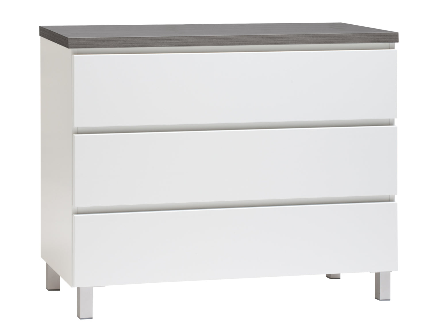 Kuvassa on 92 cm leveä valkoinen Viiva-lipasto antrasiitinvärisellä kannella ja hopeanvärisillä alumiinijaloilla.