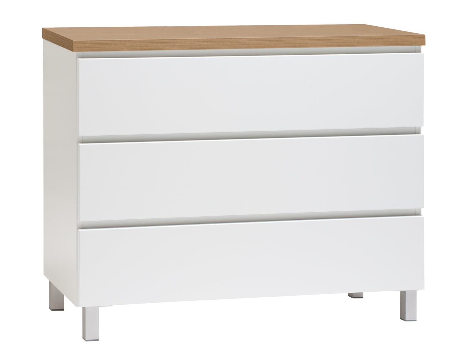 Kuvassa on 92 cm leveä valkoinen Viiva-laatikosto tammenvärisellä kannella ja hopeanvärisillä alumiinijaloilla.