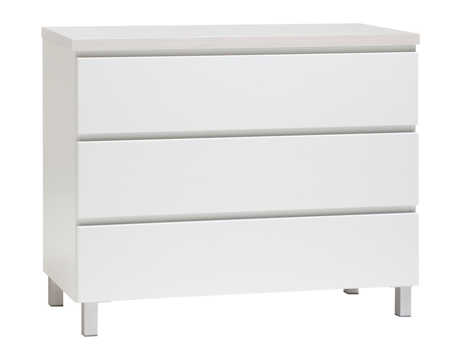 Kuvassa on 92 cm leveä valkoinen Viiva-lipasto valkosaarninvärisellä kannella ja hopeanvärisillä alumiinijaloilla.