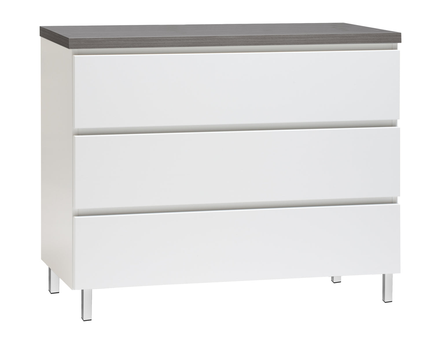 Kuvassa on 92 cm leveä valkoinen Viiva-lipasto antrasiitinvärisellä kannella ja valkoisilla metallijaloilla.