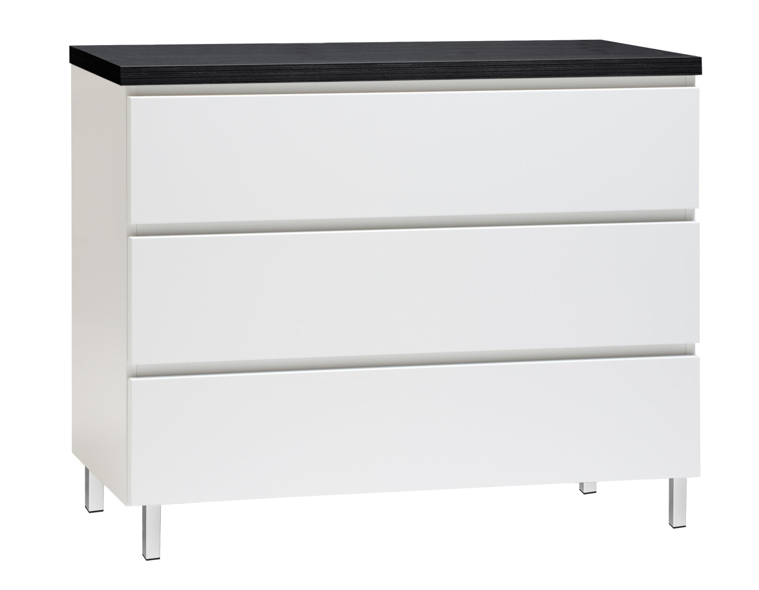 Kuvassa on 92 cm leveä valkoinen Viiva-laatikosto mustalla kannella ja valkoisilla metallijaloilla.