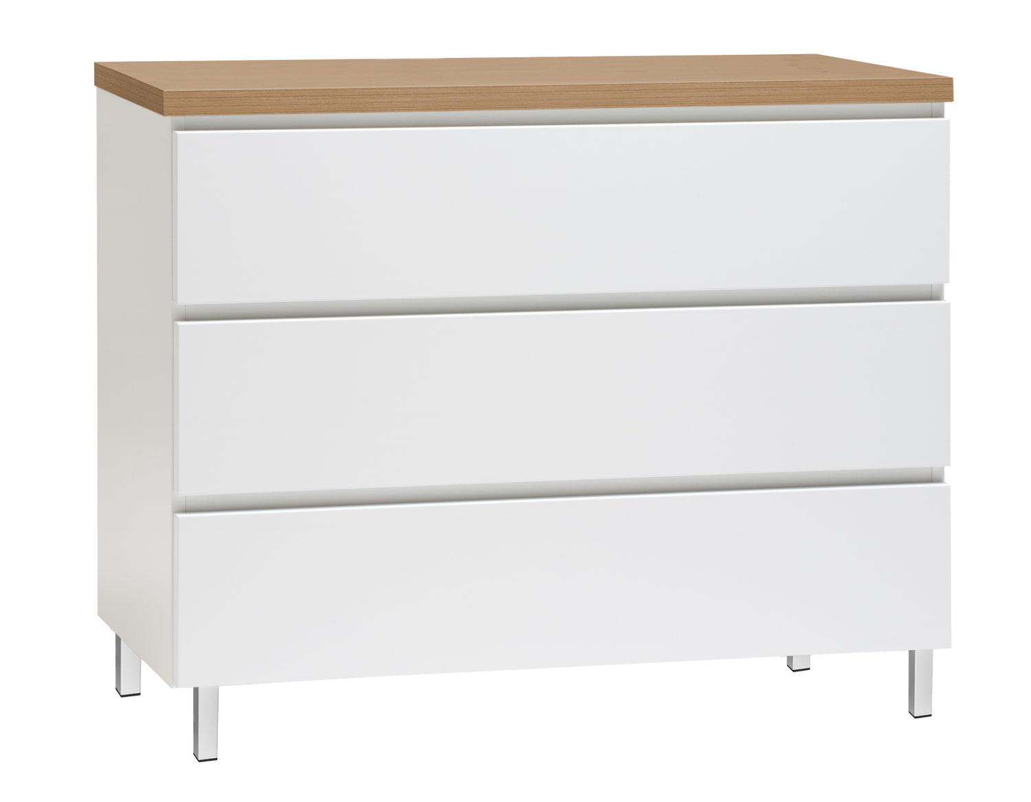 Kuvassa on 92 cm leveä valkoinen Viiva-laatikosto tammenvärisellä kannella ja valkoisilla metallijaloilla.