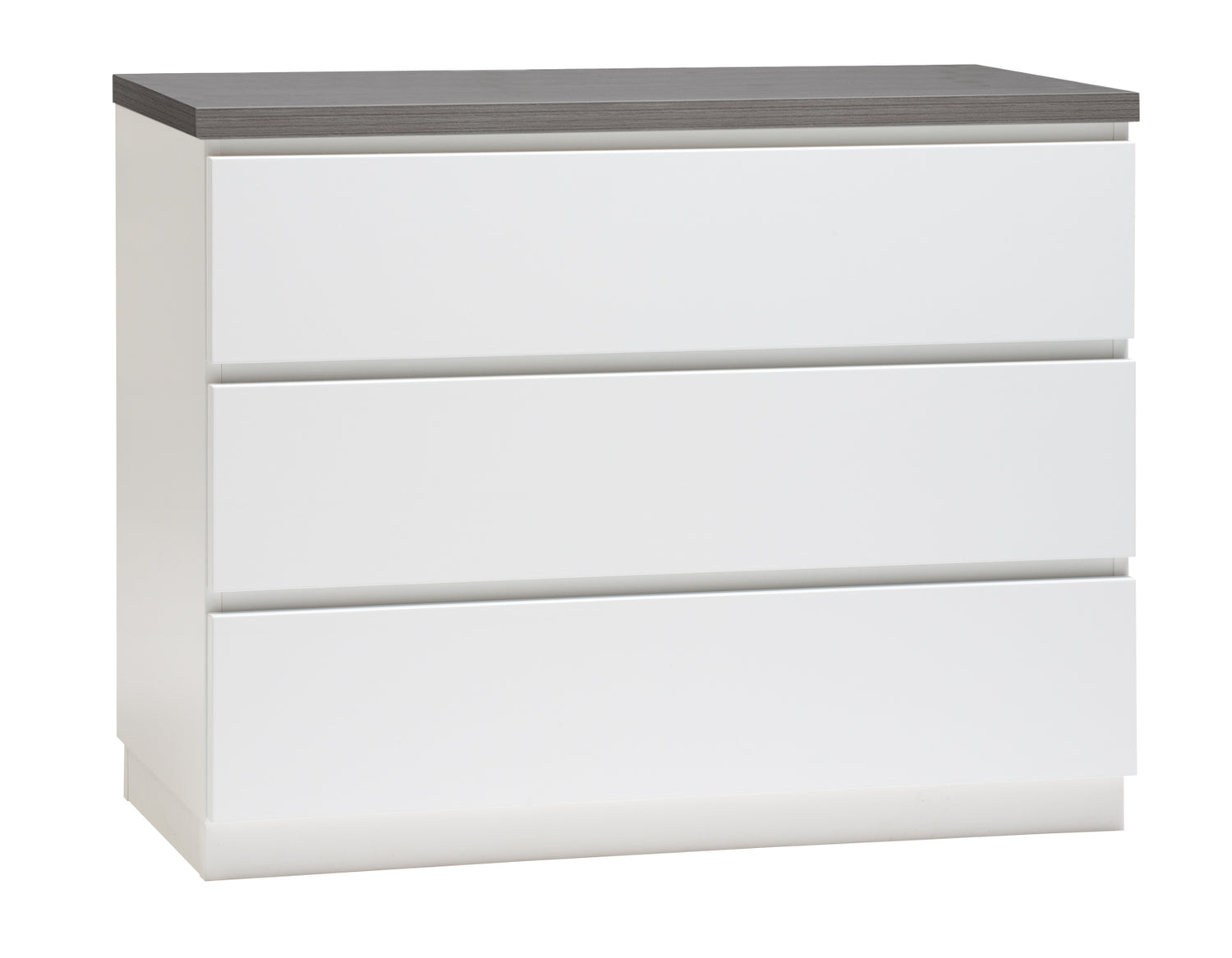 Kuvassa on 92 cm leveä valkoinen Viiva-laatikosto antrasiitinvärisellä kannella ja valkoisella jalkasokkelilla.