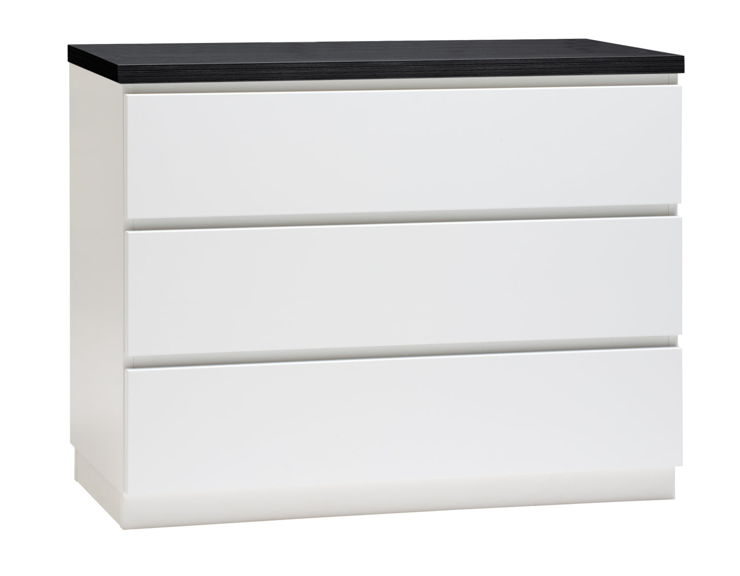 Kuvassa on 92 cm leveä valkoinen Viiva-laatikosto mustalla kannella ja valkoisella jalkasokkelilla.