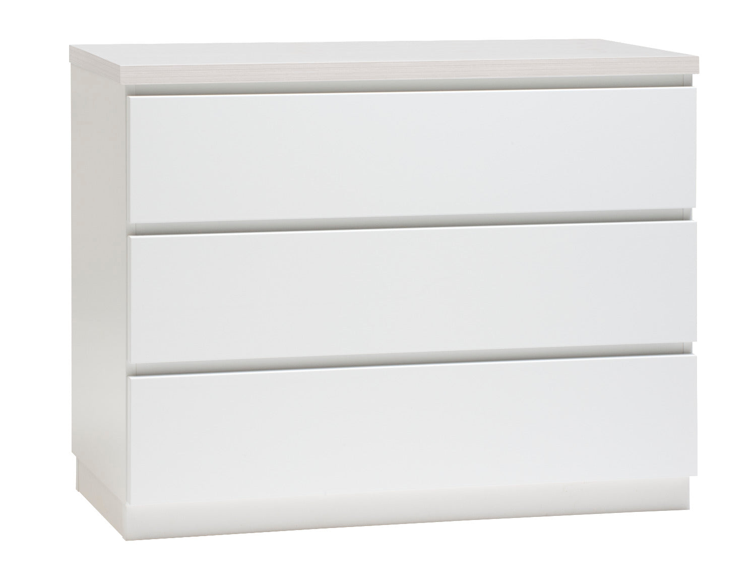 Kuvassa on 92 cm leveä valkoinen Viiva-lipasto valkosaarninvärisellä kannella ja valkoisella sokkelijalalla.