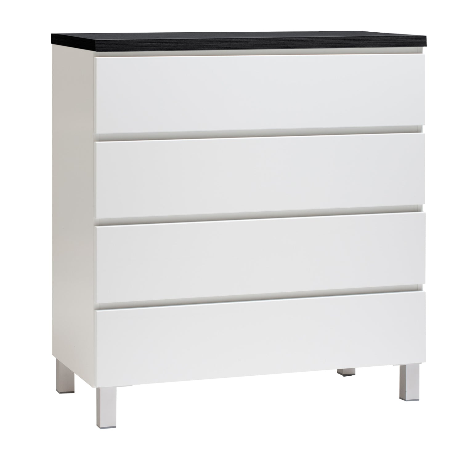 Kuvassa on 92 cm leveä valkoinen Viiva-laatikosto mustalla kannella ja hopeanvärisillä alumiinijaloilla.