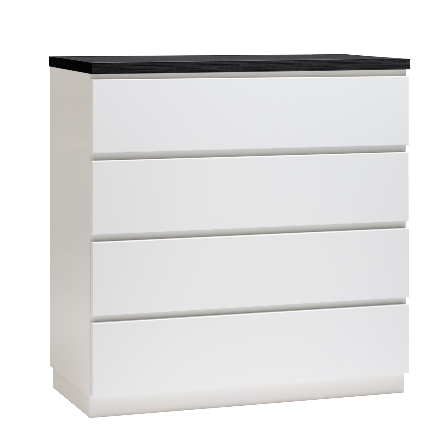 Kuvassa on 92 cm leveä valkoinen Viiva-laatikosto mustalla kannella ja valkoisella jalkasokkelilla.