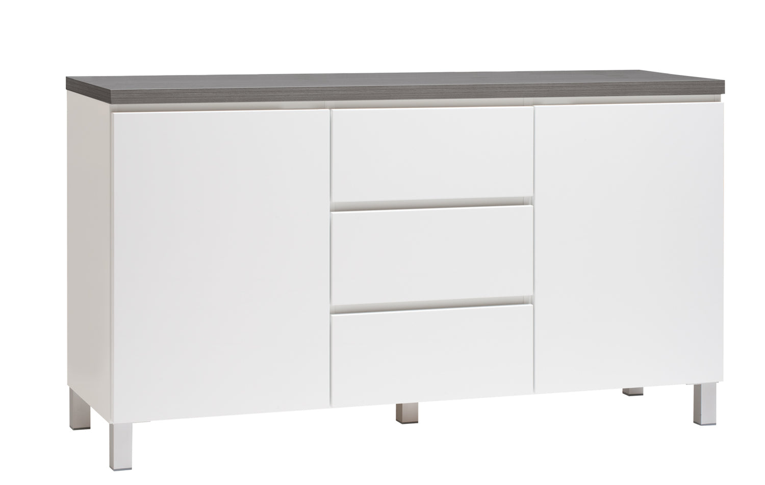 Kuvassa on 137 cm leveä valkoinen Viiva-senkki antrasiitinvärisellä kansilevyllä ja hopeanvärisillä alumiinijaloilla.