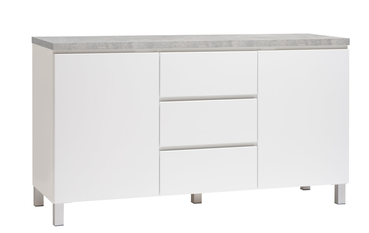 Kuvassa on 137 cm leveä valkoinen Viiva-senkki harmaalla betonijäljitelmän sävyisellä kannella ja hopeanvärisillä alumiinijaloilla.