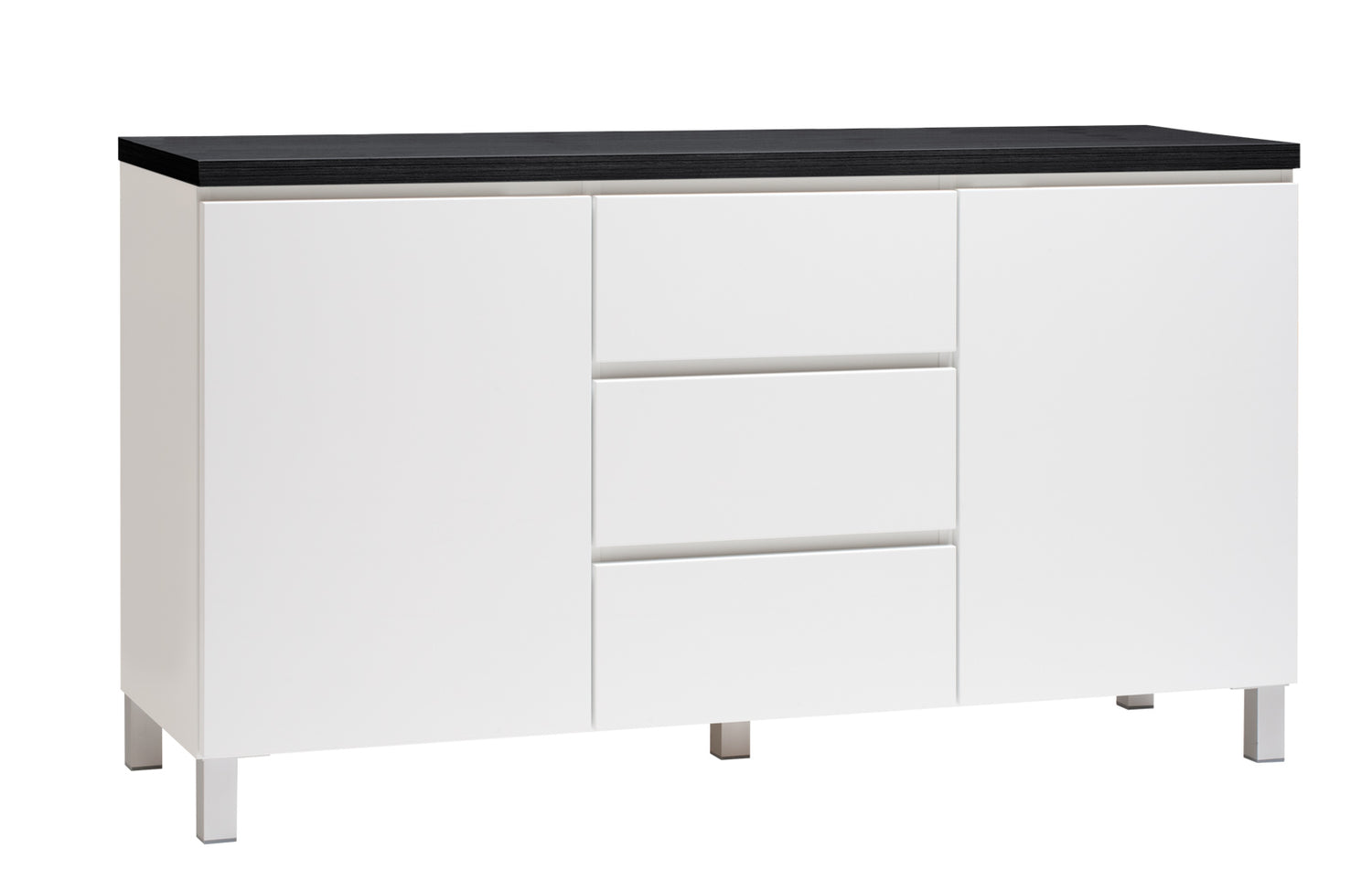 Kuvassa on 137 cm leveä valkoinen Viiva-senkki mustalla kansilevyllä ja hopeanvärisillä alumiinijaloilla.