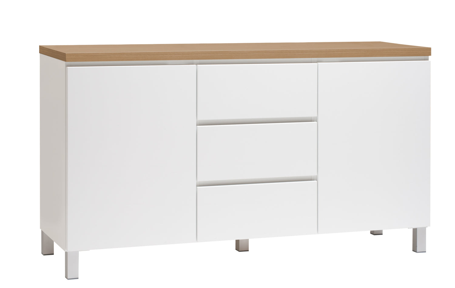 Kuvassa on 137 cm leveä valkoinen Viiva-senkki tammenvärisellä kansilevyllä ja hopeanvärisillä alumiinijaloilla.