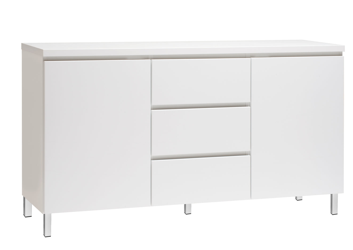 Kuvassa on 137 cm leveä kokovalkoinen Viiva-senkki valkoisilla metallijaloilla.