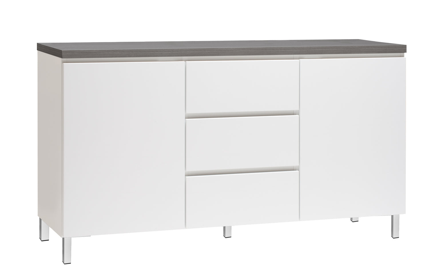 Kuvassa on 137 cm leveä valkoinen Viiva-senkki antrasiitinvärisellä kansilevyllä ja valkoisilla metallijaloilla.