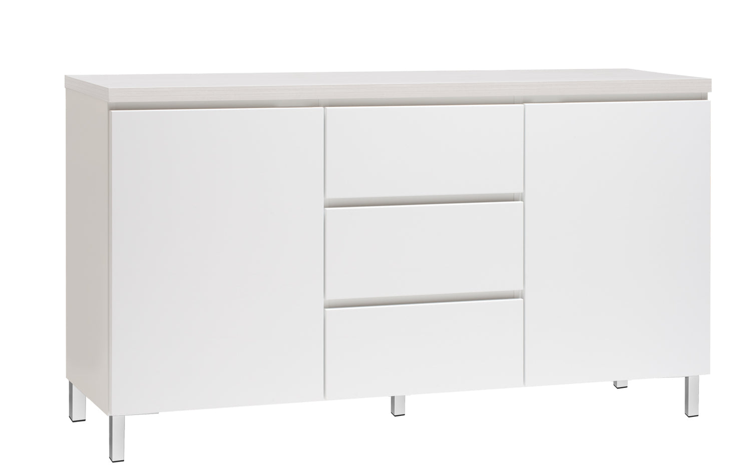 Kuvassa on 137 cm leveä valkoinen Viiva-senkki valkosaarninvärisellä kannella ja valkoisilla metallijaloilla.