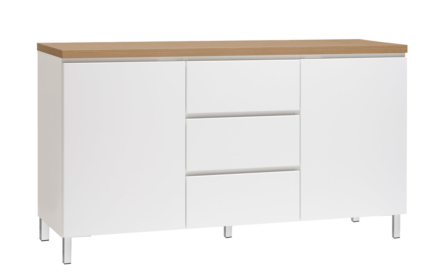 Kuvassa on 137 cm leveä valkoinen Viiva-senkki tammenvärisellä kansilevyllä ja valkoisilla metallijaloilla.