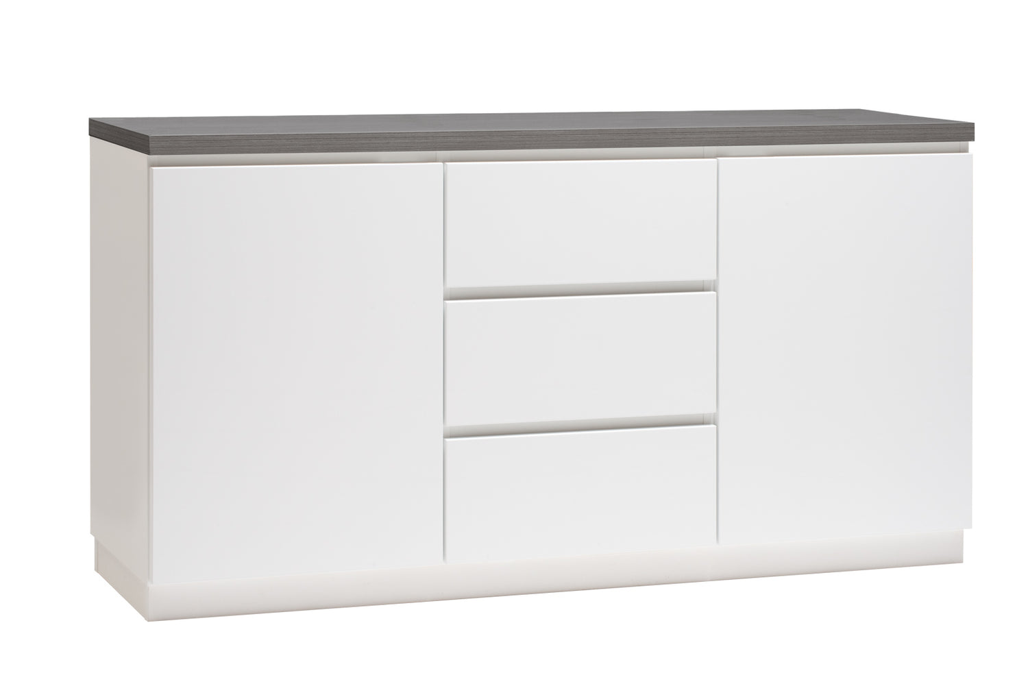 Kuvassa on 137 cm leveä valkoinen Viiva-senkki antrasiitinvärisellä kansilevyllä ja valkoisella sokkelijalalla.