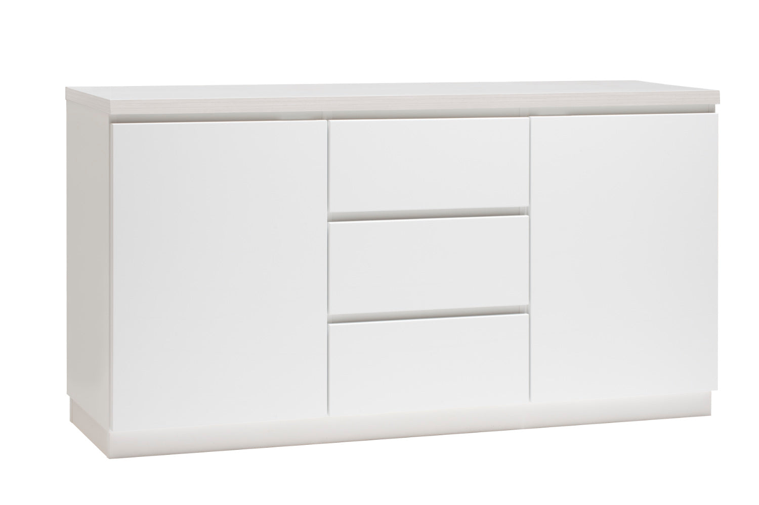 Kuvassa on 137 cm leveä valkoinen Viiva-senkki valkosaarninvärisellä kannella ja valkoisella jalkasokkelilla.