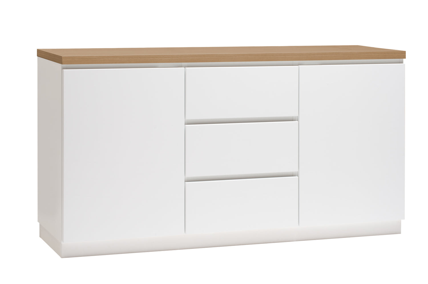 Kuvassa on 137 cm leveä valkoinen Viiva-senkki tammenvärisellä kansilevyllä ja valkoisella jalkasokkelilla.