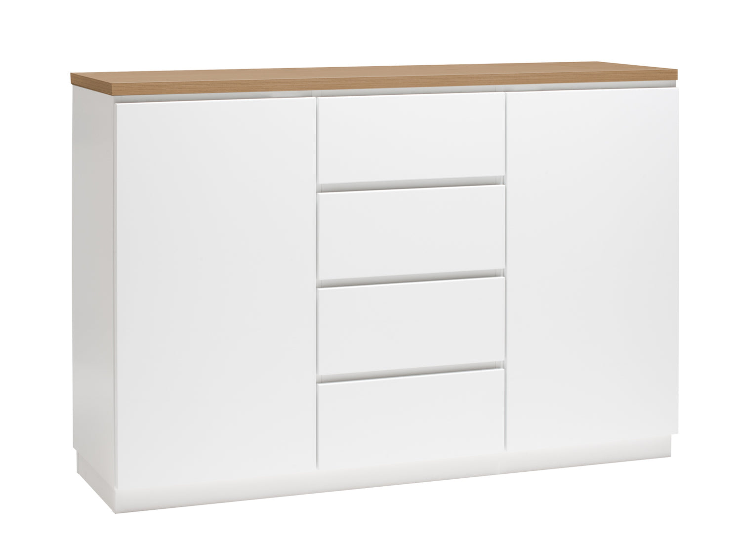 Kuvassa on 137 cm leveä valkoinen Viiva-senkki tammenvärisellä kannella ja valkoisella jalkasokkelilla.