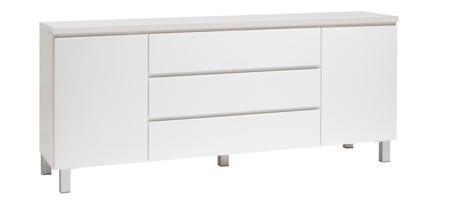 Kuvassa on 184 cm leveä valkoinen Viiva-senkki valkosaarninvärisellä kansilevyllä ja hopeanvärisillä alumiinijaloilla.