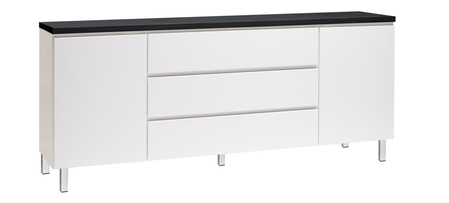 Kuvassa on 184 cm leveä valkoinen Viiva-senkki mustalla kansilevyllä ja valkoisilla metallijaloilla.