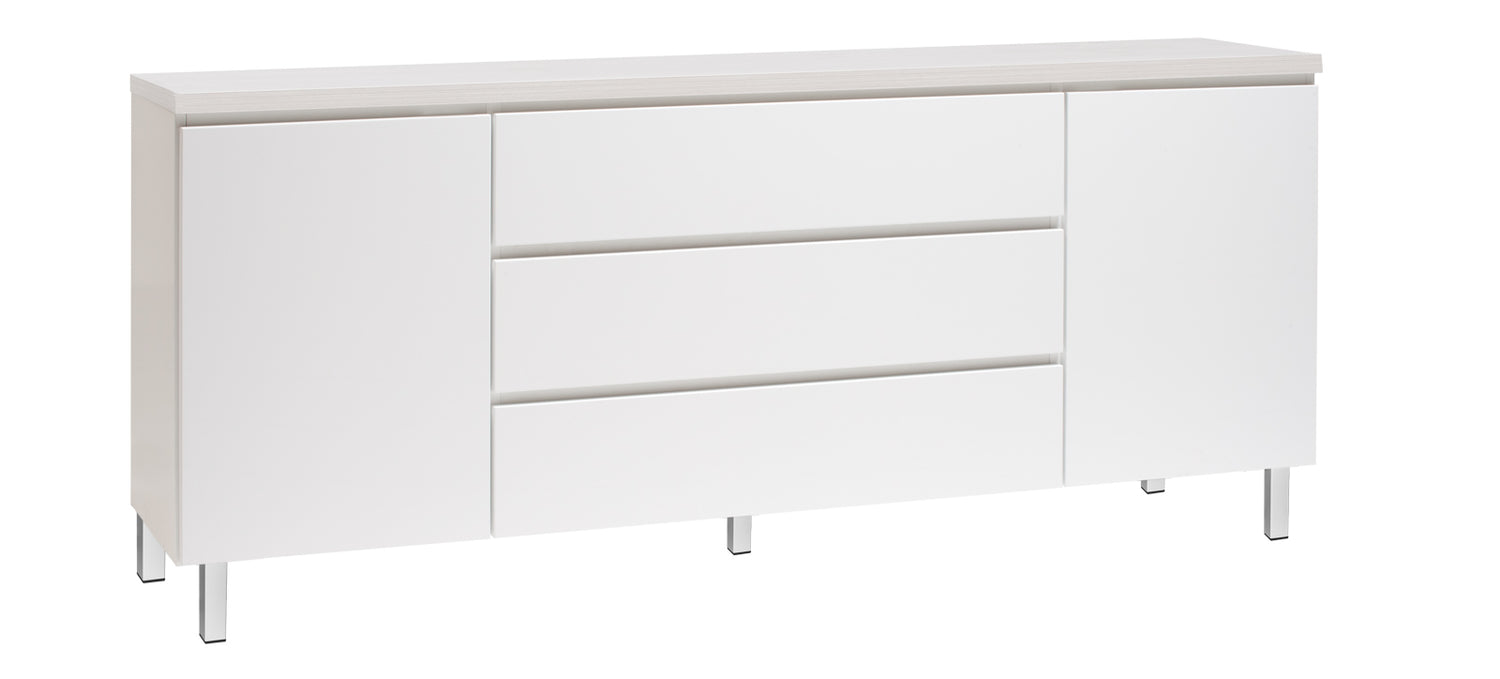 Kuvassa on 184 cm leveä valkoinen Viiva-senkki valkosaarninvärisellä kansilevyllä ja valkoisilla metallijaloilla.