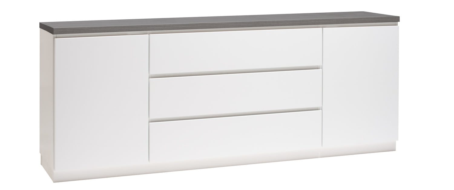 Kuvassa on 184 cm leveä valkoinen Viiva-senkki antrasiitinvärisellä kansilevyllä ja valkoisella jalkasokkelilla.