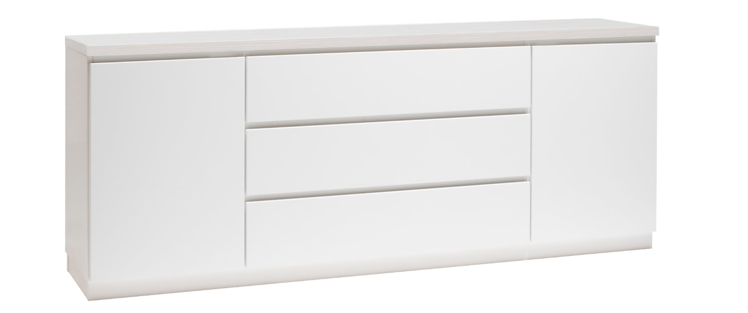 Kuvassa on 184 cm leveä valkoinen Viiva-senkki valkosaarninvärisellä kansilevyllä ja valkoisella jalkasokkelilla.