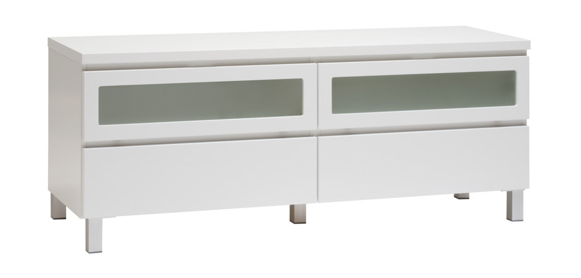 Kuvassa on 137 cm leveä kokovalkoinen Viiva-sarjan tv-taso hopeanvärisillä alumiinijaloilla.