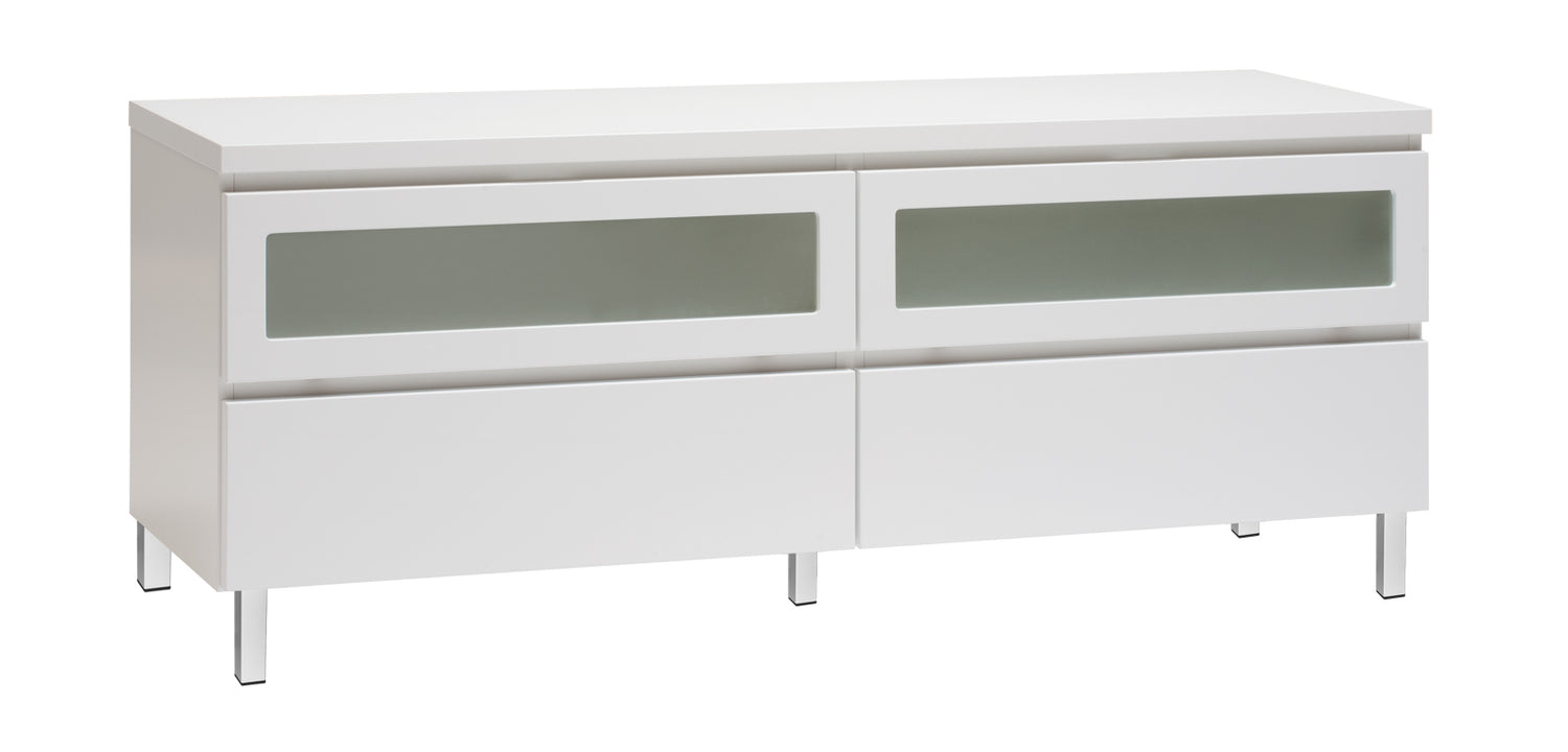 Kuvassa on 137 cm leveä kokovalkoinen Viiva-sarjan tv-taso valkoisilla metallijaloilla.