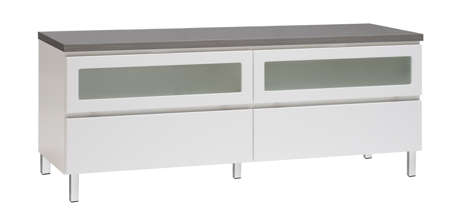 Kuvassa on 137 cm leveä valkoinen Viiva-sarjan tv-taso antrasiitinvärisellä kannella ja valkoisilla metallijaloilla.
